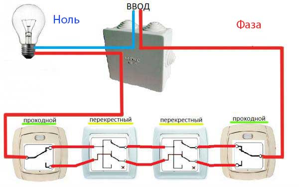 Схема перекрестного выключателя с трех мест на 1