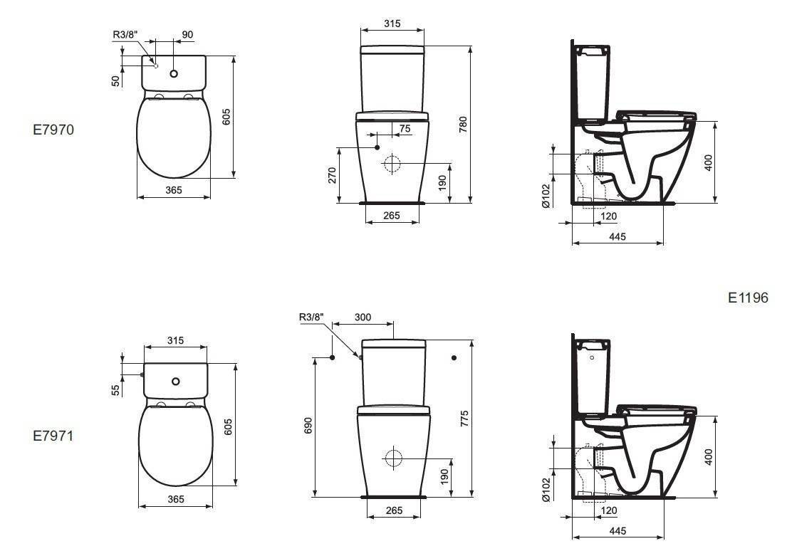 Унитазы и сиденья больших и маленьких размеров: изображение на чертеже