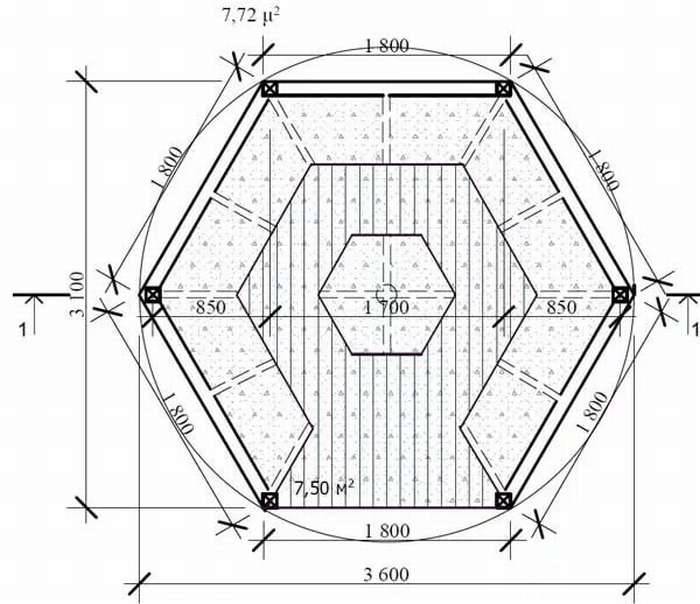 Чертеж 6 угольной беседки с размерами