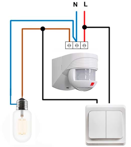 Установка и схема подключения датчика движения: для освещения, с выключателем и без него