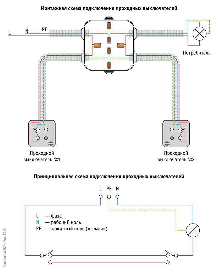 Схема как установить проходной выключатель