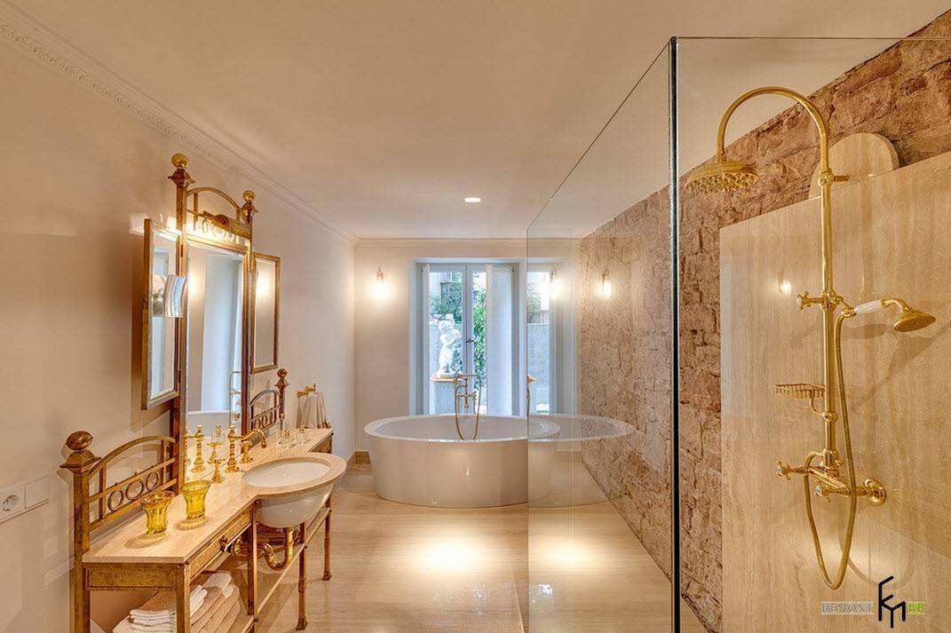 Золотая ванная комната - идеально стильные сочетания (89 фото)