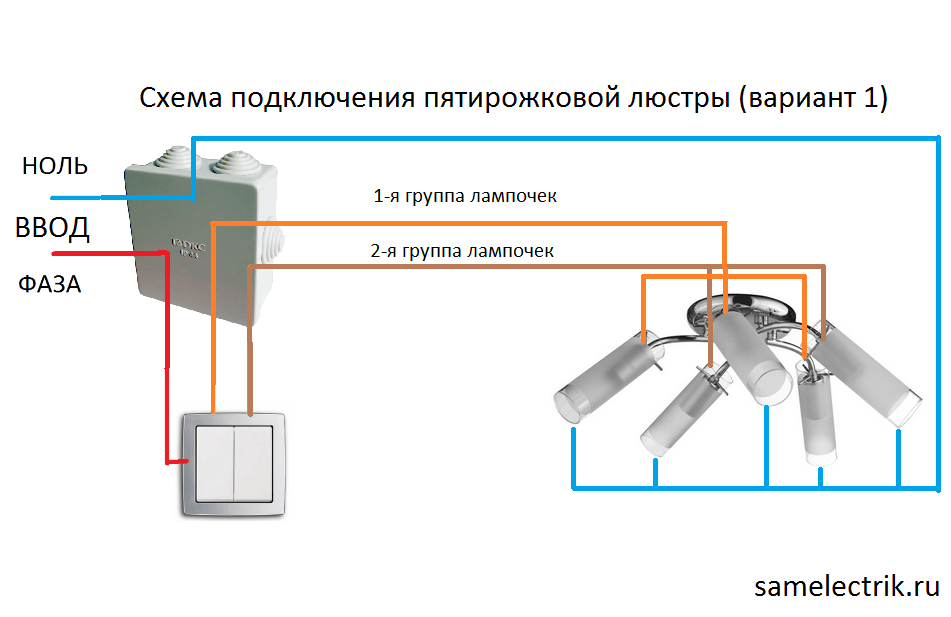 Подключение люстры с двойным выключателем схема