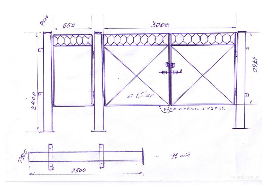 Ворота из профнастила чертеж