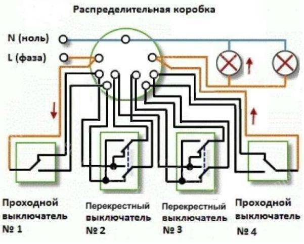 Схема подключения проходного выключателя с 2х мест одноклавишный