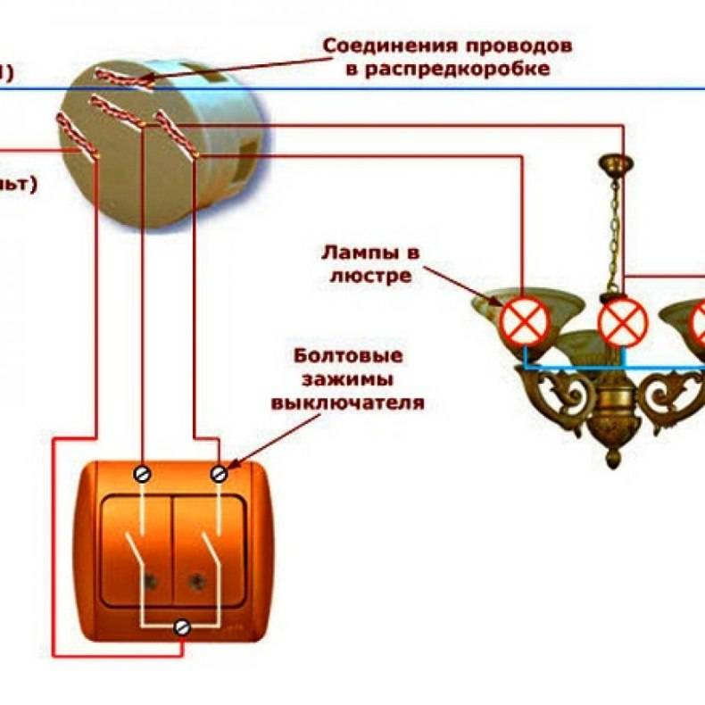 Схема двухрожковой люстры с двумя элементами управления