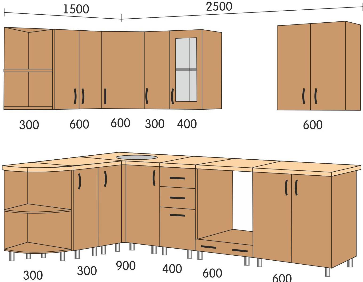 Чертежи и размеры кухонных шкафов