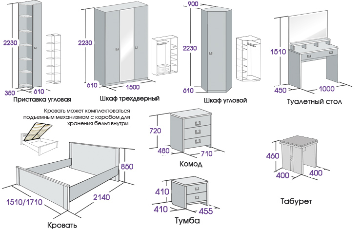 Прикроватные тумбочки для спальни: стандартные размеры, размещение