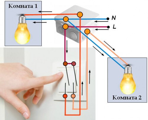 Как подключить двойной (двухкнопочный) выключатель